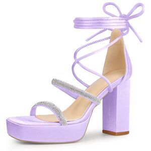 Rhinestone Platform Lace Up Chunky Heels Sandals Purple